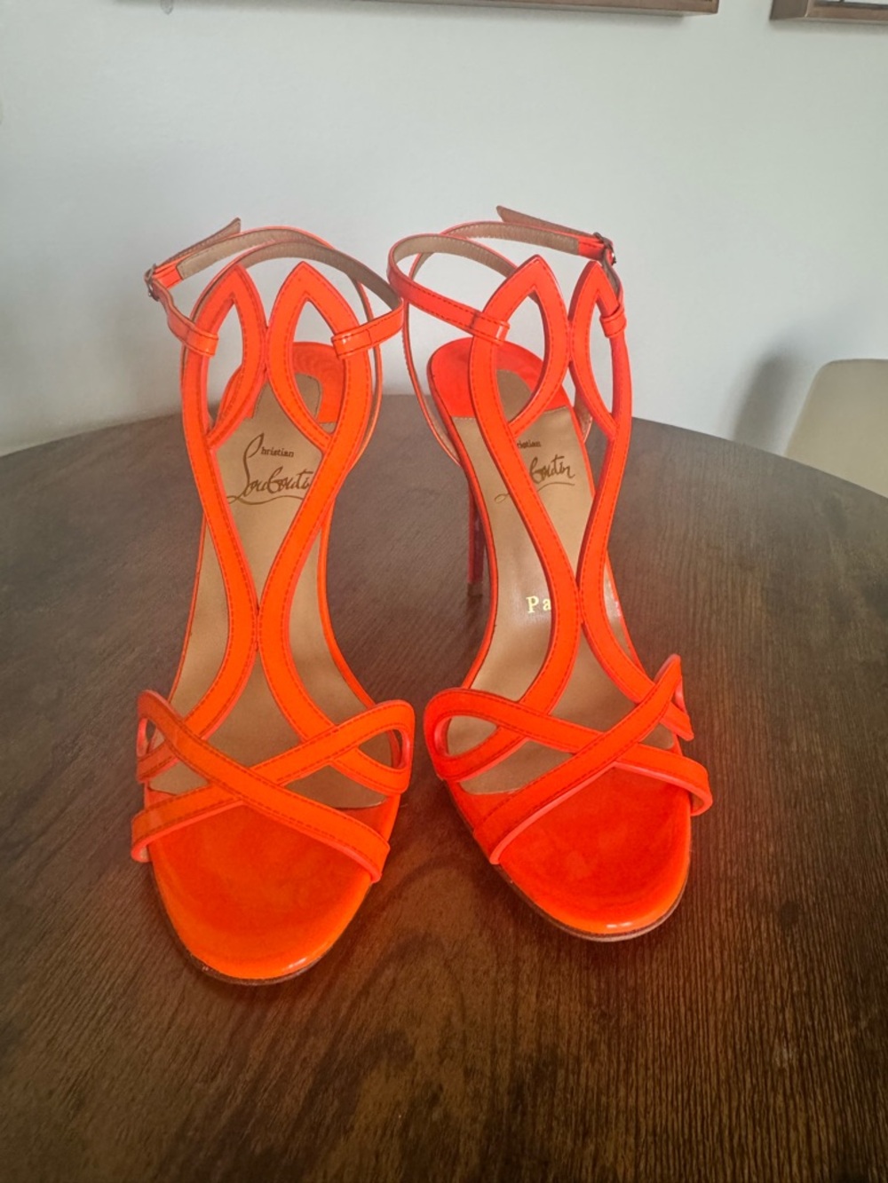Christian Louboutin Neon Orange Cutout T-Strap High Heels
